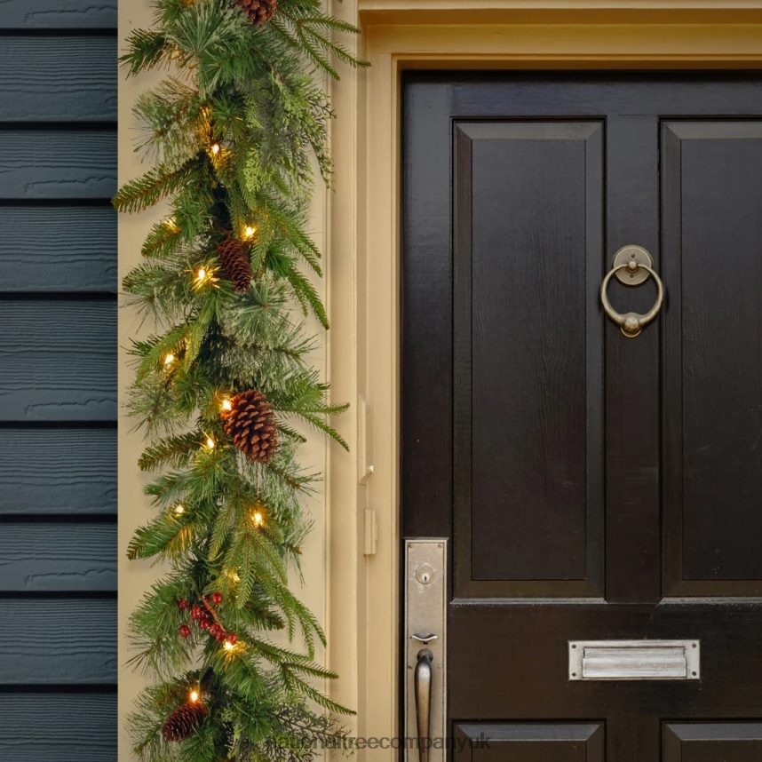 Greenery | National Tree Company Pre-Lit \Feel Real\ Artificial Christmas Garland Green Colonial Fir Multicolor Lights Decorated With Pine Cones Battery Operated Christmas Collection 9 Feet F2L